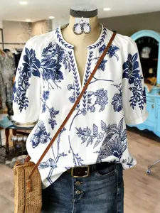 Women's Plus Size Blue Floral Print Shirt, Loose Fit Summer Top, Vintage Style Bubble Sleeve Blouse, Casual Office Wear
