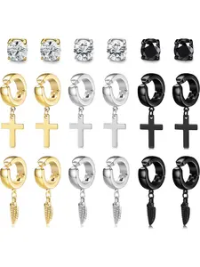 9 Pairs Stainless Steel Cross Earring for Women Men CZ Magnetic Stud Earring No Piercing Hoop Huggie Cross Feather Hinged Earring Set