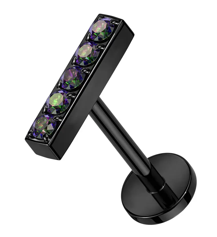Black PVD Bar Black Aurora CZ Titanium Threadless Labret, Side Labret Jewelry