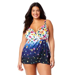 Women's Plus Gradient Floral Swim Dress With Skirted Bottom