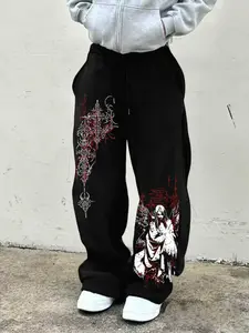 Men's Casual Sporty Long Pants, Angel Cross Graphic Print Wings, Drawstring Wide Leg, Loose-Fitting, All Seasons Wear, Men's Fashion