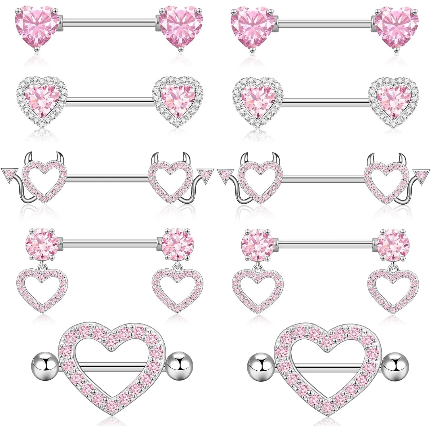 14G Nipple Rings 5-8 Pairs Stainless Steel Nipple Niercing  Heart Dangle Barbell Tongue Rings Set Cute  CZ Nipple