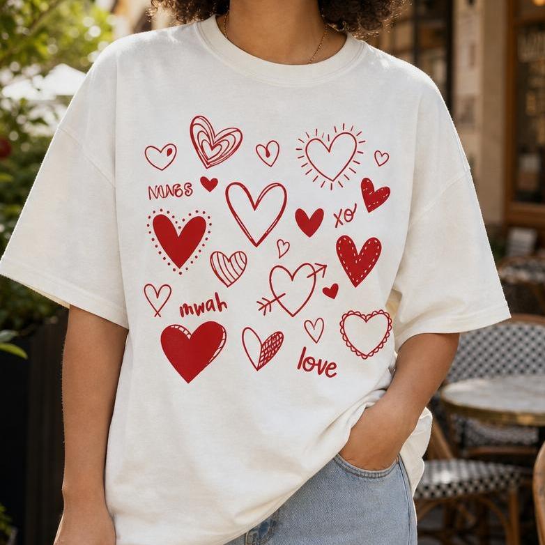 Women's 100% Cotton Casual Round Neck T-Shirt - Loose-Fit Cut, Hand-Drawn Doodle Hearts Graphic Print Top for Valentine's Day Love Outfits