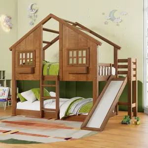 AMERLIFE Twin Over Twin House Bunk Bed with Slide and Ladder, Solid Wood Frame, Window Box Shelf, 14" Guardrail, Underbed Area for Mattress or Play