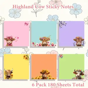 6 Pack Highland Cow Sticky Notes - Adorable Scottish Cow & Floral Design, Stickiness Square Stickies Suitable for Office, School, for home - Perfect Gift for Students, Teachers, Cow-Themed Stationery