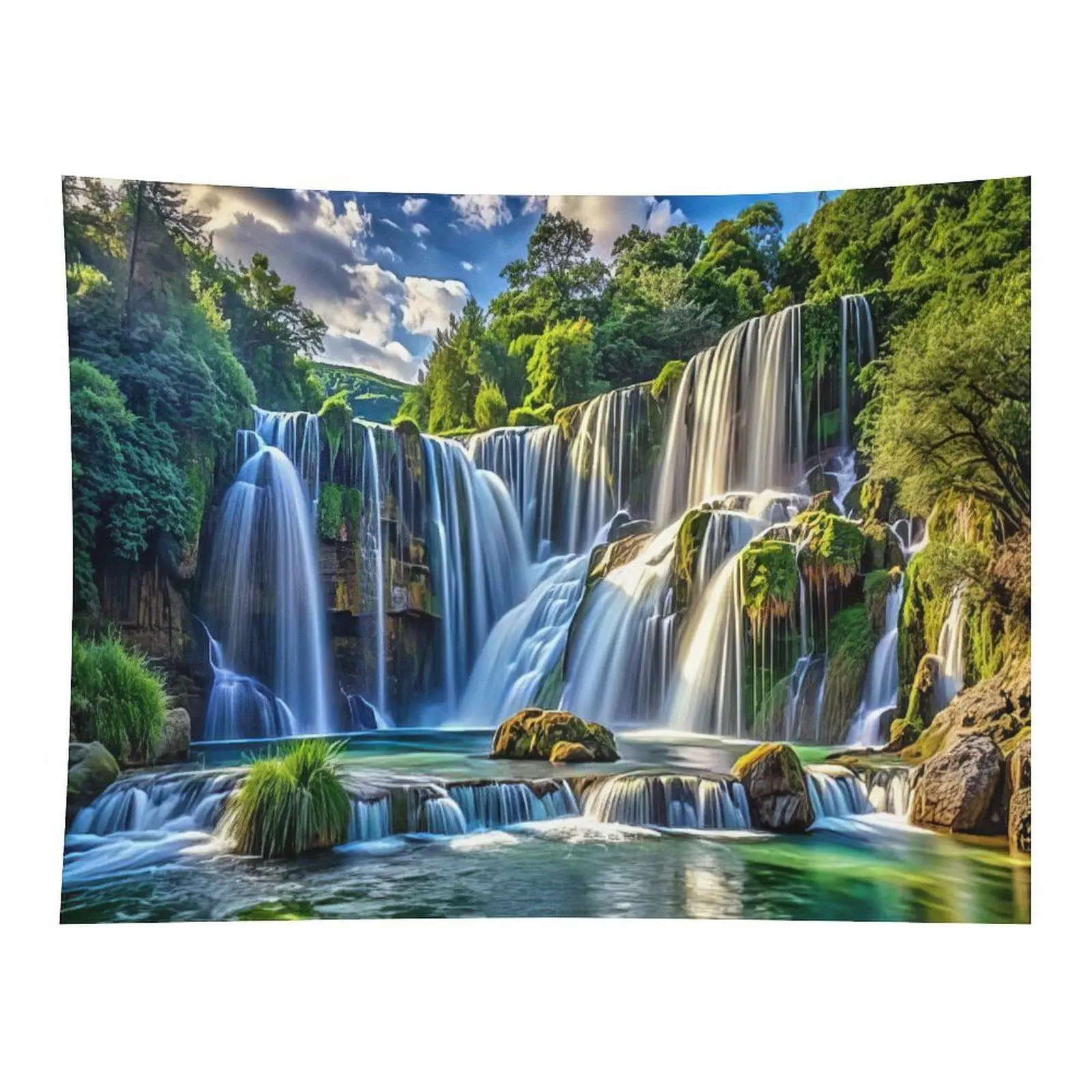 Rectangular Fabric Wall Tapestry, Lush Green Tropical Forest Multi-Tier Waterfall Vibrant Nature Mountain Landscape, for Living Room Cottagecore Wall Decor