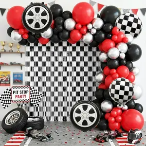 132 Piece Race Car Balloon Arch Kit with Red, Black & Silver Balloons and Checkered Fringe