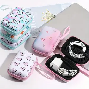 Cute Heart Print Tech Organizer Bag - Portable Hard Shell Storage Case for Earbuds, Cables & Small Accessories,summervibes