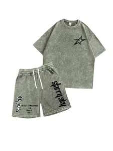 Men’s washed retro cotton summer streetwear collection featuring letter and star graphic prints; casual commuter two-piece set: crew neck short-sleeve T-shirt + shorts. Retro 2000s style. Suitable for running, golf, fishing, basketball, camping, fitness,
