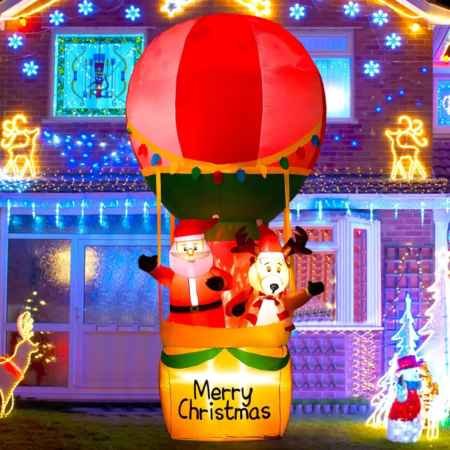 Christmas Inflatables Yard Decorations, Christmas Inflatable Hot Air Balloon with Santa Claus Reindeer, Blow Up Holiday Decorations for Xmas Party, Lawn, Garden, New Year