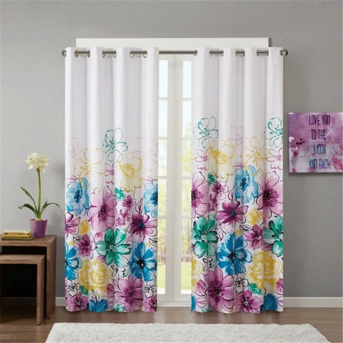 212 MAIN Pink Floral Print Curtains - 100% Polyester Intelligent Design Window Panel with Abstract Look, Colorful Blooms, Lined Blackout Effect