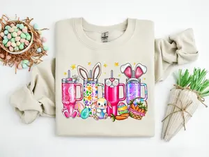 Easter Bunny Tumbler Sweatshirt/Hoodie/T-Shirt, Cute Bunny Ears Cups Shirt, Colorful Easter Eggs Carrot Basket Design, Spring Easter Outfit Gift For Men And Women