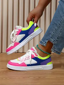 Fashion Colorblock Lace Up Low Top Athletic Sneakers, Casual Breathable Comfortable Sports Shoes, Female All-match Round Toe Skate Shoes for Daily Wear, Walking Shoes, Fashionable Sneakers, Trendy Walking Sneaker