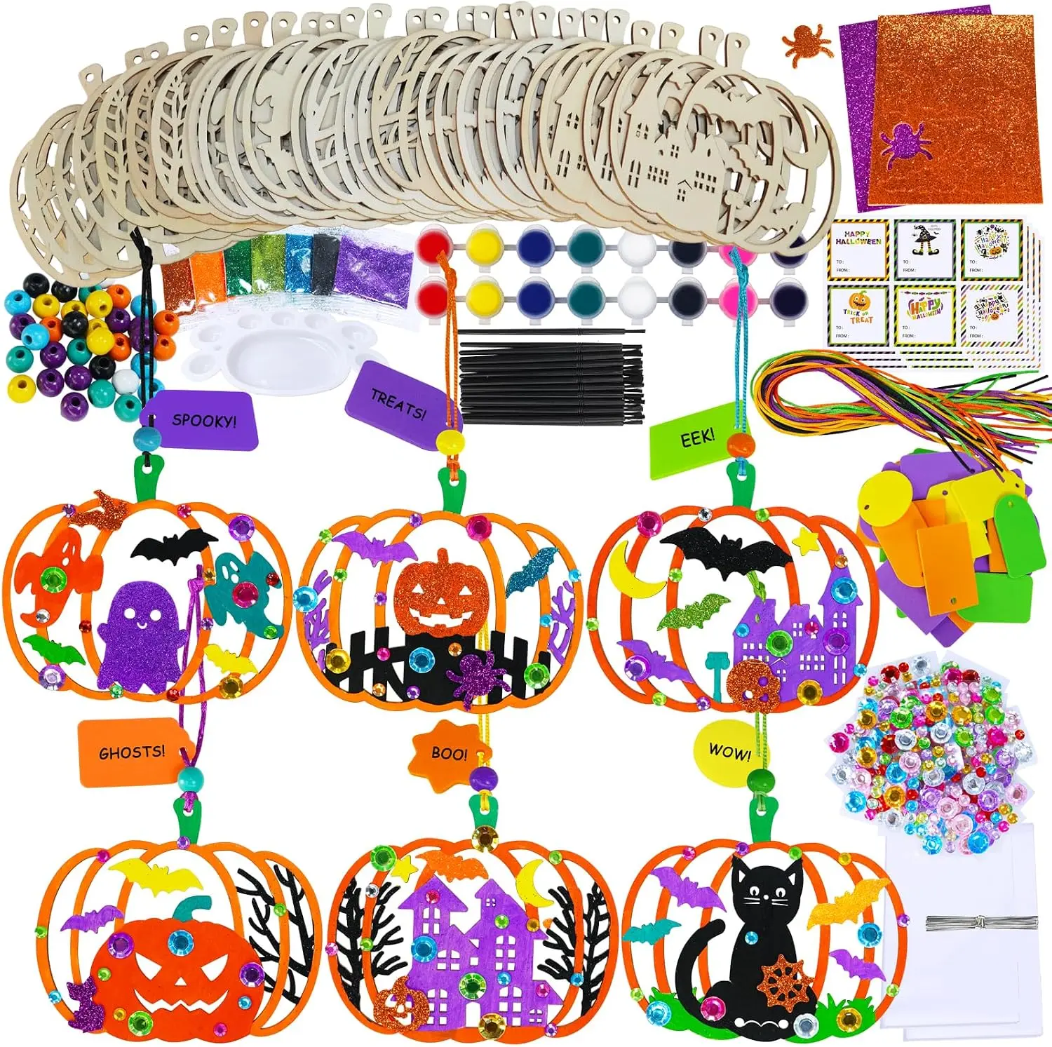 24 Sets Halloween Pumpkin Craft Kits DIY Wooden Pumpkin Ornaments Craft Kits Unfinished Paintable Wood Pumpkin Halloween Crafts for Kids Classroom Activities Art Project Halloween Decorations