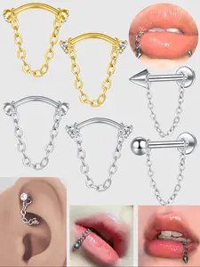 2 Counts Stainless Steel Eyebrow Piercing Chain, Cubic Zirconia Lip Stud Chain, 12g Cartilage Ear Nose Ring, Punk Body Jewelry for Men Women