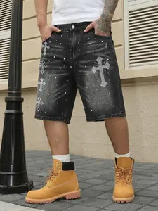 Shiny Denim Shorts with Rhinestones, Loose-Fit Street Style Streetwear Jean Pants, Breathable Summer Wear, Versatile Daily Commute