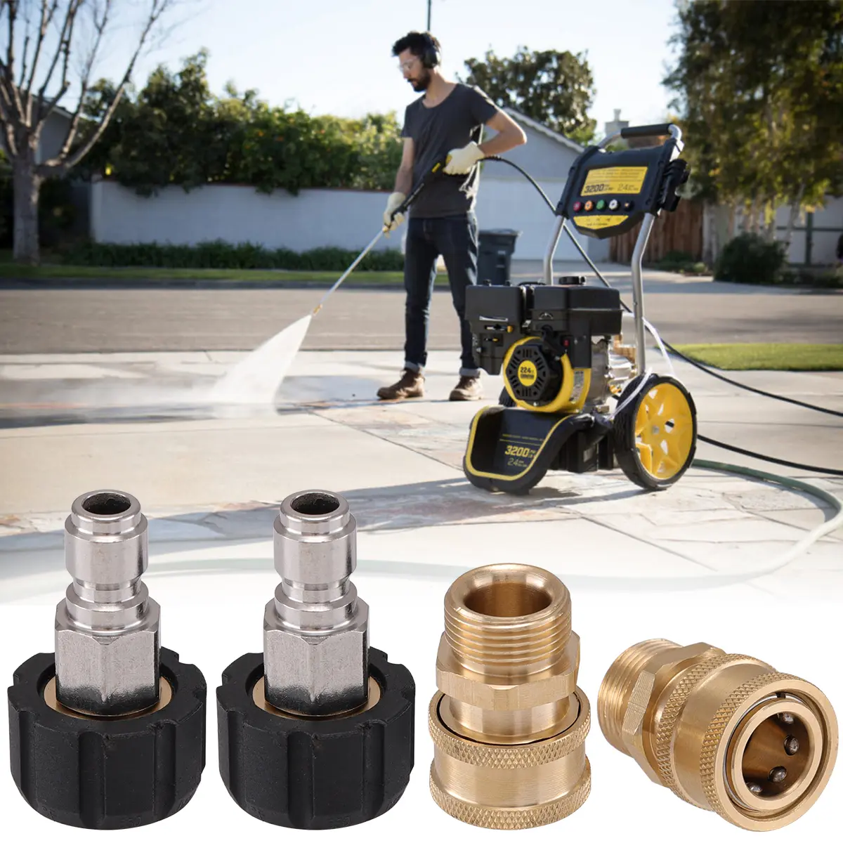 Pressure Washer Adapter Kit - M22-14mm to 3/8'' Swivel Converter Hose Attachment, Quick Connect-Disconnect Threaded Fittings, Stainless Steel & Brass, 5000 PSI, Universal for Pressure Washing Spray Guns, Water Hose Connector