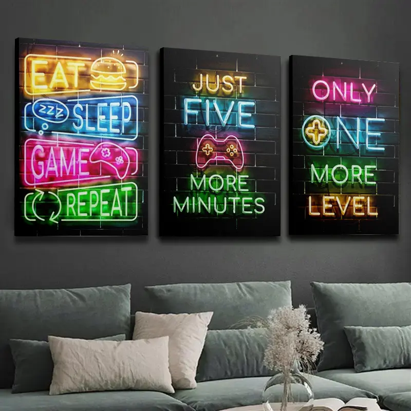 Gamer 3-Piece Framed Triple Panel 2D Flat Neon Art Photo Print Set, Modern Artistic Design, Durable Glossy Waterproof Wall Decor Decoration, Suitable for Gamer Room