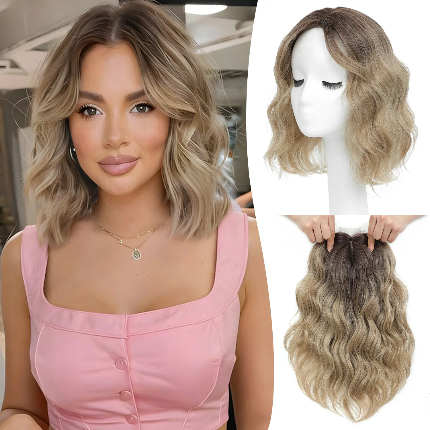Ms Taj Women's 11-in Short Wavy Synthetic Hair Topper, Clip-In Design, 6.5"x6.5" Breathable Base, Wavy Style, Realistic Appearance, Side Bangs, Dark Brown with Highlights, Full Volume for Thinning Hair Coverage (Ideal for Shopping), Realistic Hair Appeara