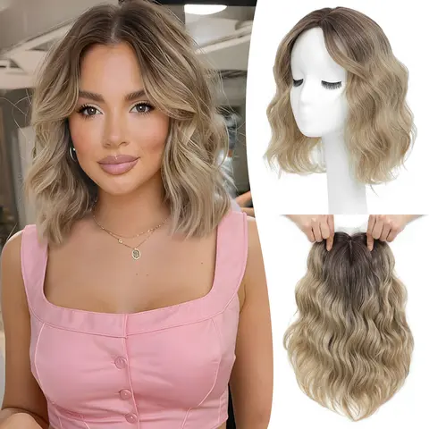 Ms Taj Women's 11-in Clip-In Synthetic Hair Topper for Female, 6.5"x6.5" Breathable Base, Chin-Length Bob with Side Bangs, Dark Brown with Highlights, Blending Full Volume, Thinning Hair Coverage, Extensions for Shopping, Weddings & Concerts Use