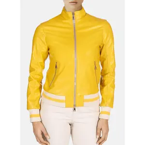 Womens Bright Yellow Bomber Leather Jacket
