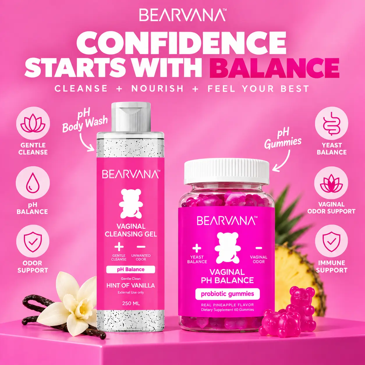 BEARVANA pH Balance Body Wash + Probiotic Gummies Bundle | Women’s Shower Gel & Daily Probiotic Gummies | Hint of Vanilla + Pineapple Flavor | 250 mL + 60 Gummies