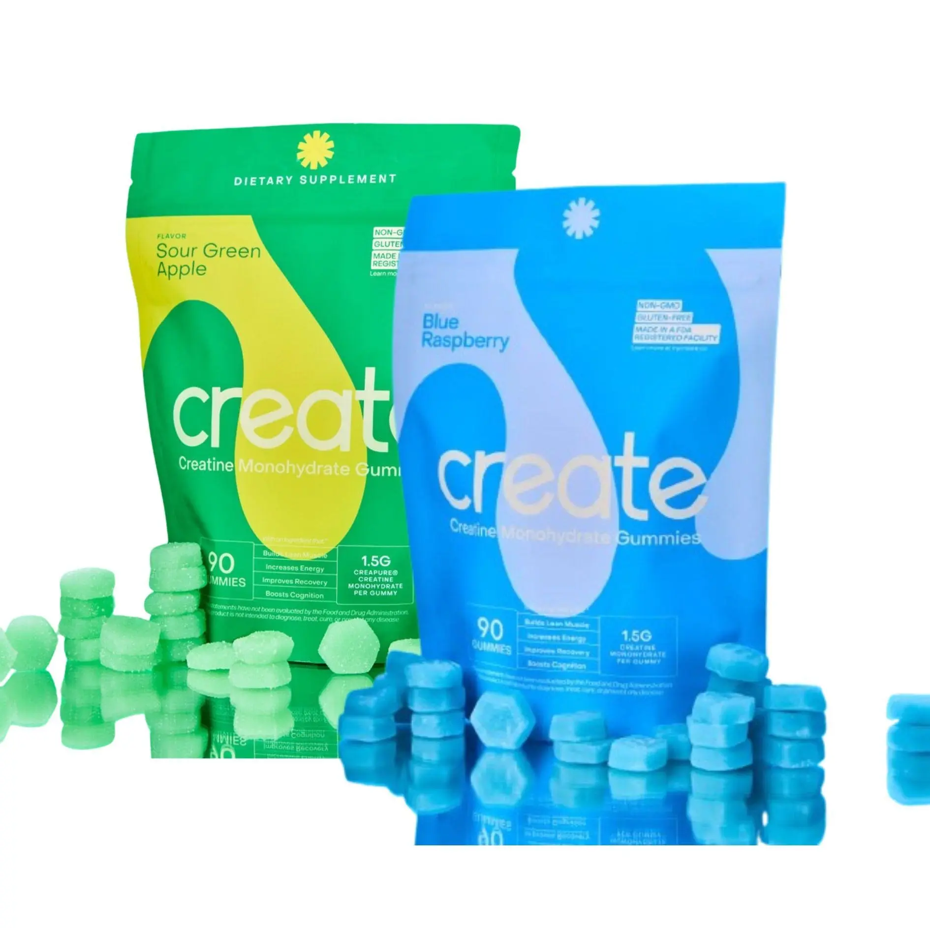 Chewable Creatine Monohydrate Gummies (2 Packs, 90 Pieces Each) – Blue Raspberry & Sour Green Apple Flavors, 1.5g per Serving, Creatine for Women & Men, Natural Fitness Dietary Supplement for Strength & Muscle Recovery