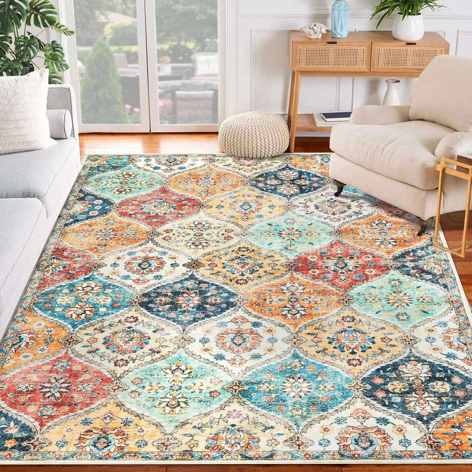 5x7 Rug for Bedroom Washable Rugs for Living Room Vintage Distressed Area Rugs for Dining Room Non-Slip Stain Resistant Colorful Area Rug Orange