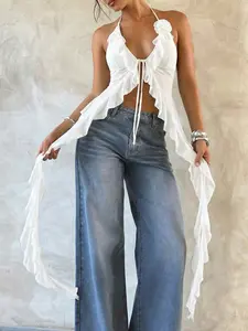 Women Halter Ruffle Crop Top Tie Front Boho Blouse Deep V Neck Backless Flowy Chiffon Top Sexy Y2K Beach Vacation Festival Outfit Lightweight Top White