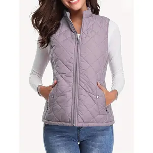 Argyle Pattern Sleeveless Vest, Casual Zipper Solid Color Vest, Women's Clothing