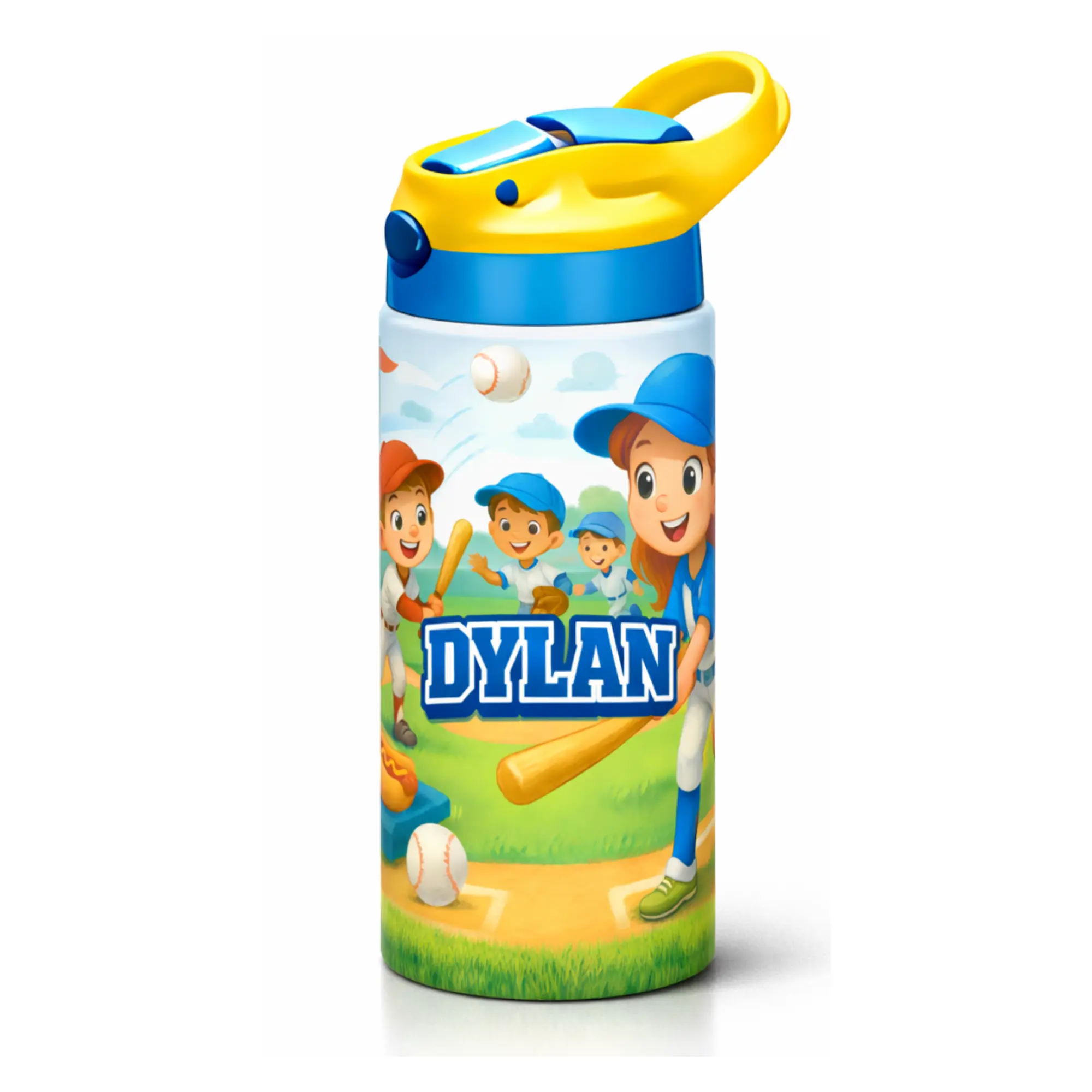 Personalized Kids Baseball Water Bottle | Custom 12 oz Holiday Gift Tumbler | Spill-Proof Sippy Cup with Straw | Perfect for Boys or Girls | Christmas Stocking Stuffer, Birthday or Team Gift