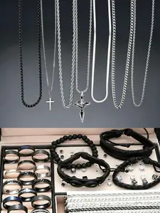 Men's Fashion Jewelry Set, Fashionable Jewelry Set, Casual Trendy Cross Pendant Necklace & Braided Bracelet & Earrings & Rings & Chain Bracelet, Hip Hop Fashion Jewelry Set for Party & Daily Decor
