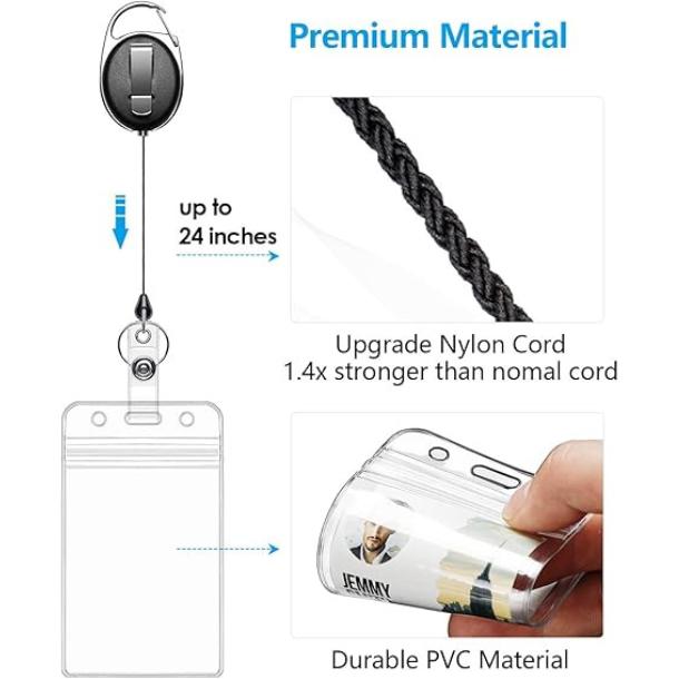 [New Deal] 2 Pack ID Badge Holders with Metal Clip and Keyring - Vertical Clear Plastic ID Card Holders (2.5" x 3.4") - Retractable 24" Pull Cord for Office, School,