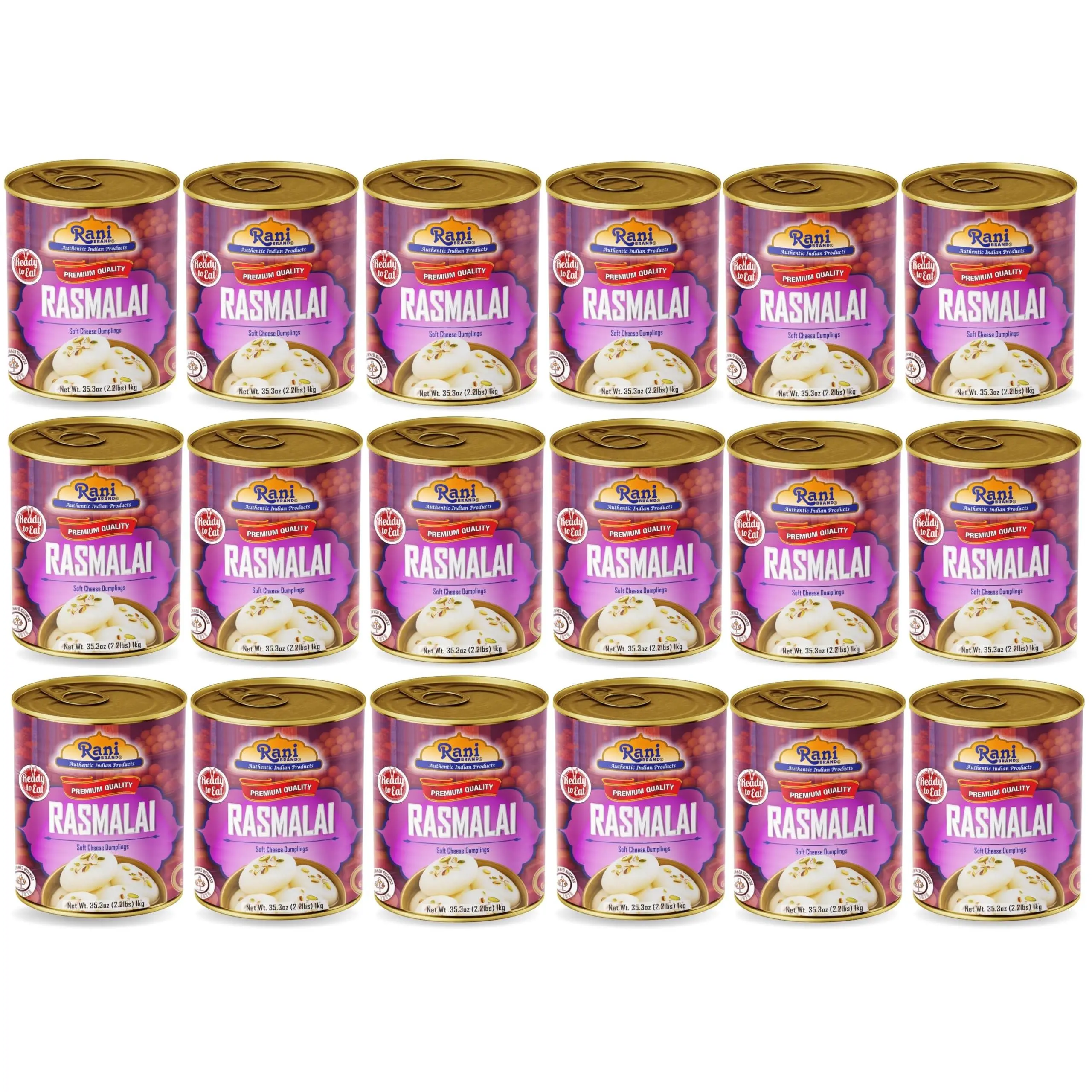 Rani Rasmalai (Soft Cheese Dumplings) 35.3oz (2.2lbs) 1kg Pack of 18, Approximately 14 pieces, Easy Open Lid ~ Ready to eat | Gluten Free | Non-GMO | Kosher | Indian Origin