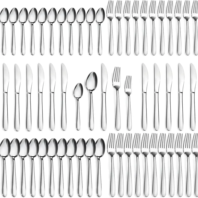 Sturdy Adult Stainless Steel Silverware Set - 30/60-Piece Rust-Resist Cutlery (6/12 Place Tableware Sets), Includes Salad/Dessert Forks, Knives, Teaspoons, Mirror Polished, Dishwasher Safe, Home Kitchen Utensils Essentials