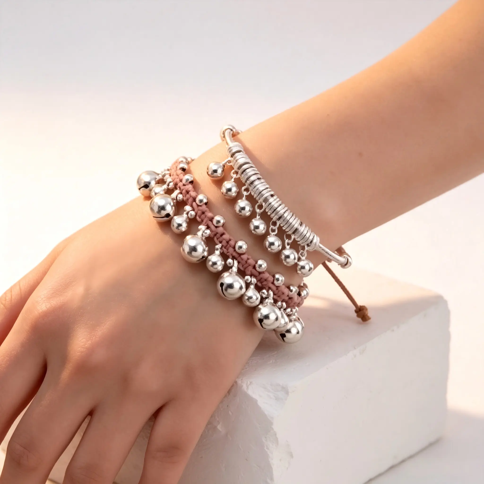 2pcs Boho Silver Bell Tassel Bracelet Soothing ASMR Chime Sound Handmade Woven Adjustable Bangle Calming Relax Noise Jewelry For Women Daily Bohemian Stack Bracelets
