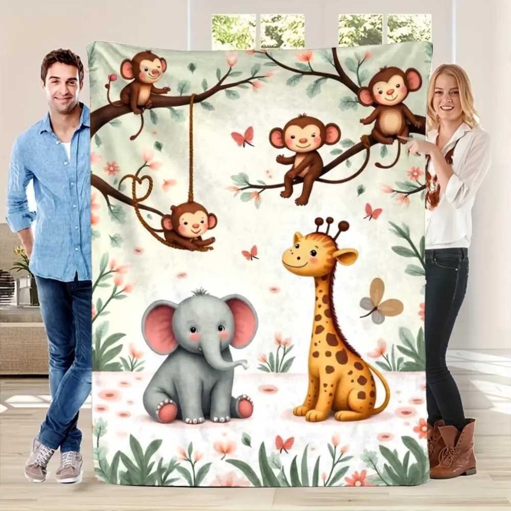 Baby Blanket for Newborn, Cute Jungle Animal Blanket with Elephant Giraffe Monkey Design, Soft Cozy Nursery Throw Blanket for Baby Boy Girl, Safari Theme Nursery Decor, Baby Shower Gift, Newborn Gift, Toddler Blanket for Crib Bed Couch