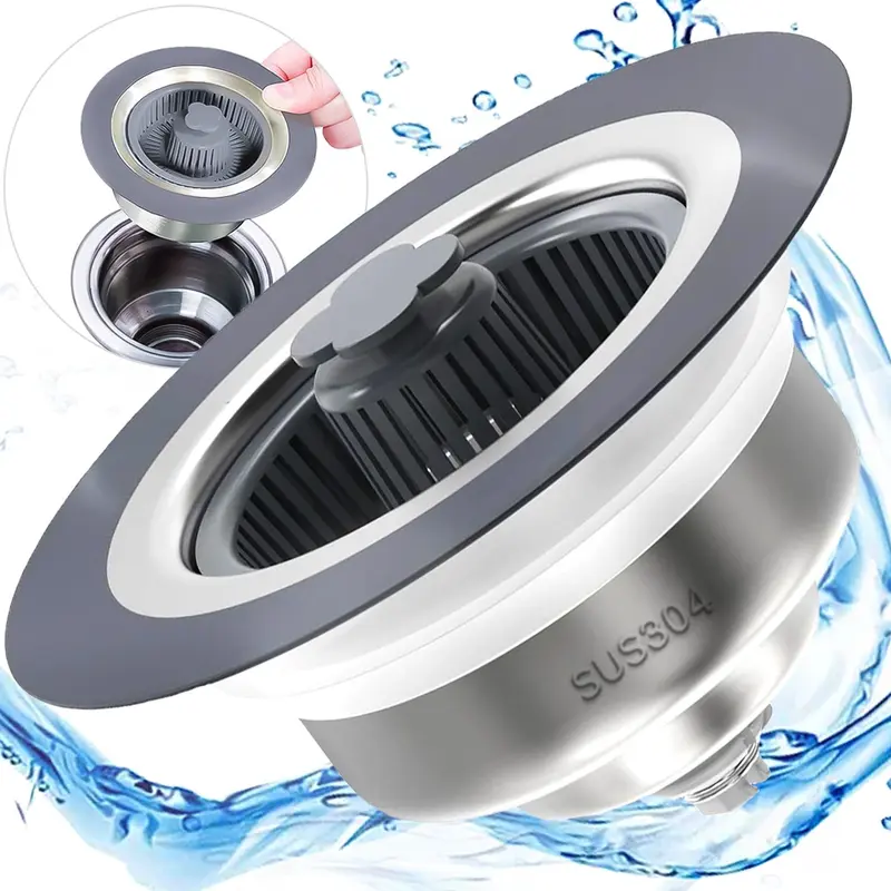 Stainless Steel Kitchen Sink Drain Strainer & Stopper, 3-1/2" Anti-Clog Basket Strainer for US Standard Kitchen Drains, Odor Preventing, Easy Installation, Clog Preventer
