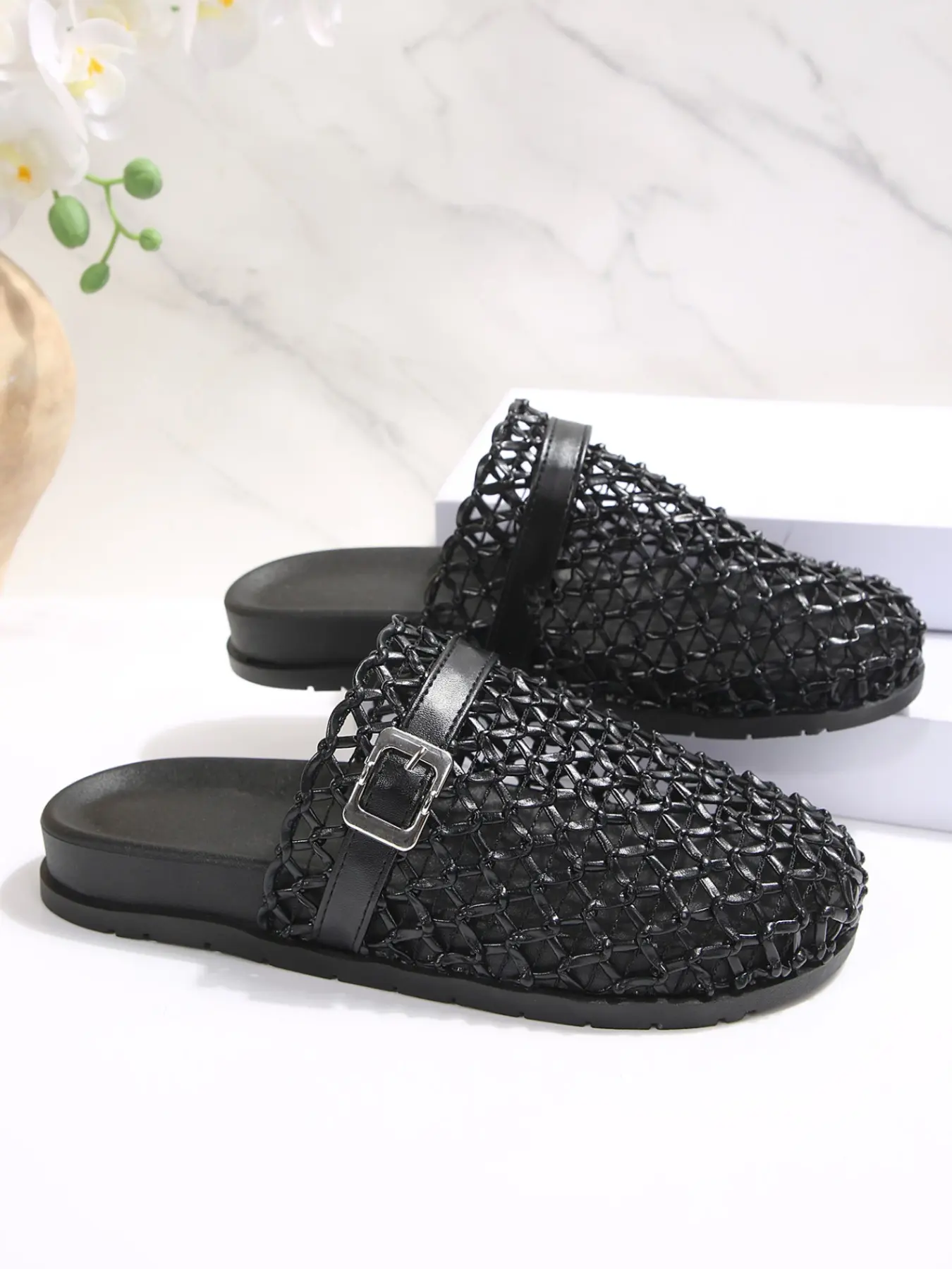 Women's Fashion Breathable Mesh Non Slip PU Leather Casual Mules Sandals, Soft Sole Anti-Slip Beach Shoes, Perfect for Summer Poolside or Beach, Comfortable and Stylish