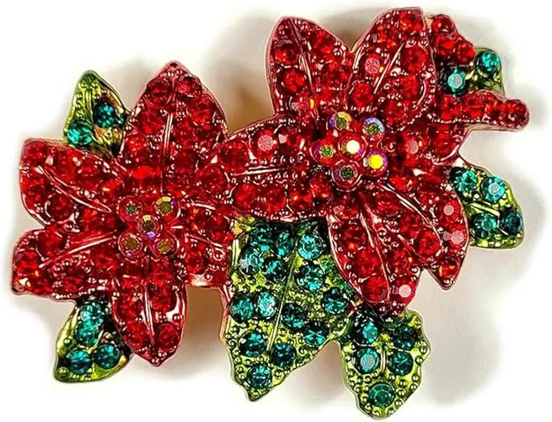 2.3" Christmas Xmas Poinsettia Flower Brooch Sparkling Red Green Multicolor Rhinestones Pin Holiday Party Acessories Jewelry Celebration Lapel Badge + Marvelous Gift Box
