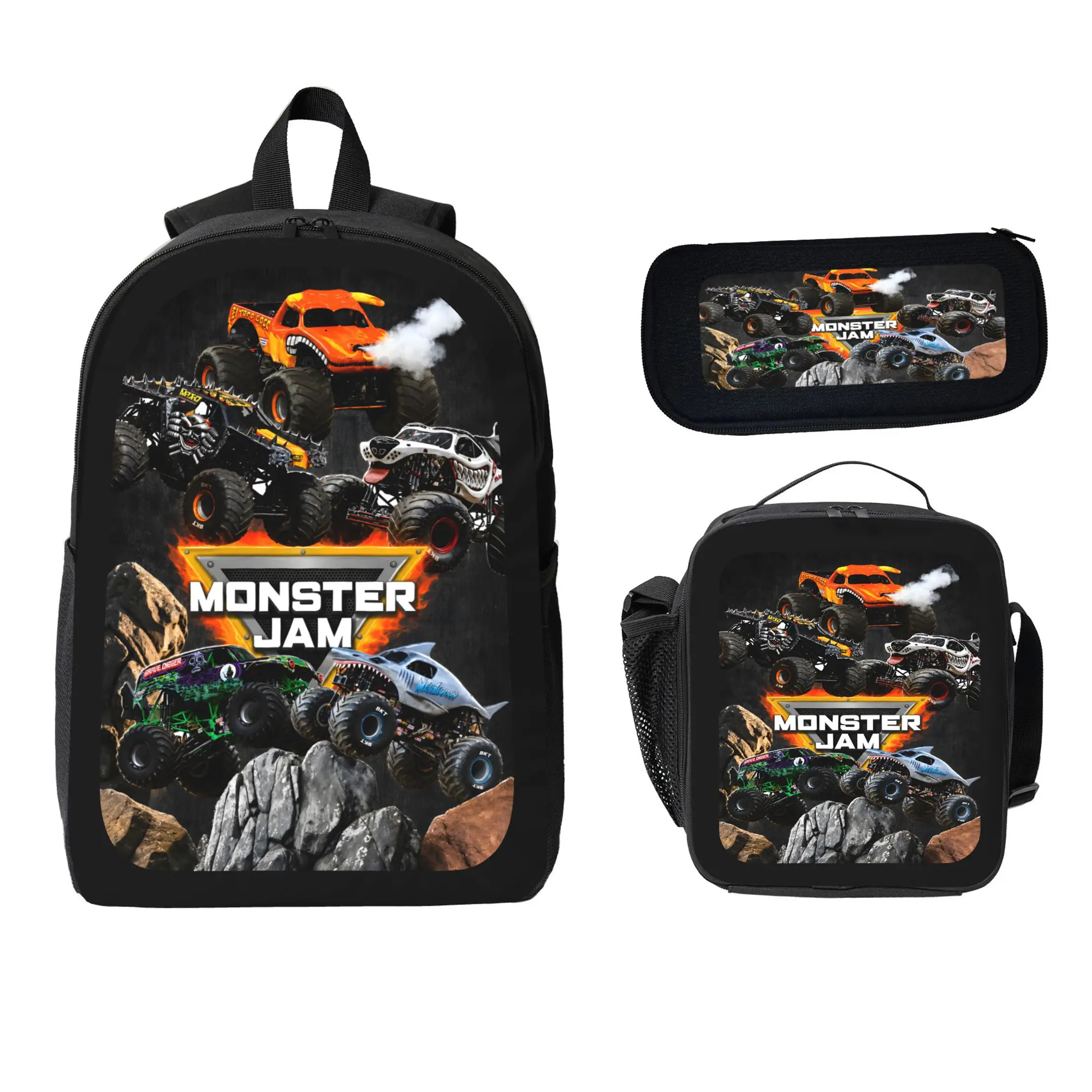 Preppy Kids' 3-Piece Monster Truck Print Backpack Set Pack, Large Capacity Polyester Casual School Bag with Built-in Organizer & Zipper Closure, Includes Matching Lunch Box & Pencil Case, Prop 65 Safe