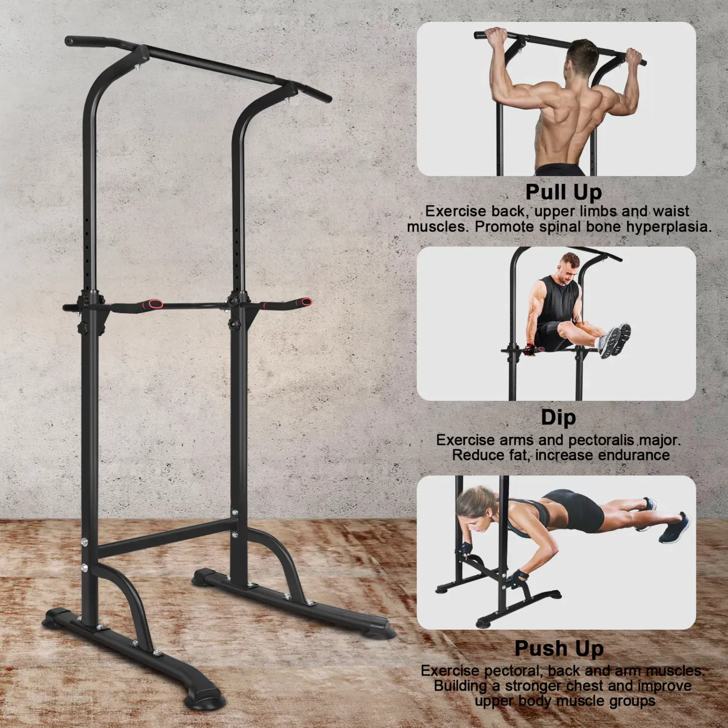 Adjustable Height Pull Up Dip Push Up Exercise Rack, Strength Training Equipment for Back, Upper Limbs & Waist Muscle Building, Endurance Boosting