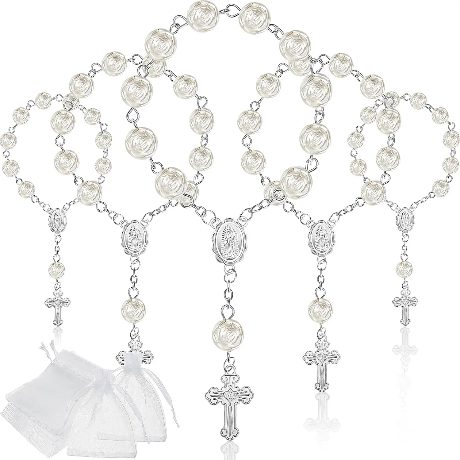 30 Pieces Mini Rosaries Baptism Rosary Beads Finger Baptism Rosaries Bulk with Organza Bags for First Communion Christening Weddings Party Favors