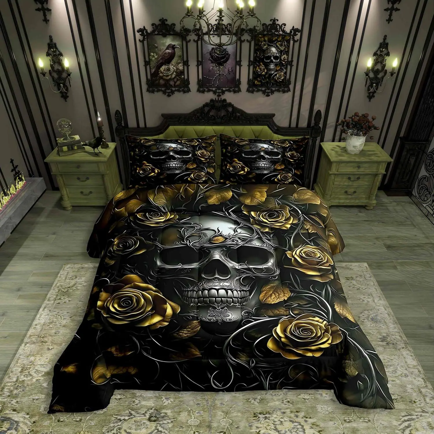 Adults Gothic Comforter Set Bohemian Boho Goth Bedding Vintage Horror Skull Bed Sets Yellow Baroque Victorian Romantic Rose Duvet Insert,Halloween Gothic Bedroom Decor