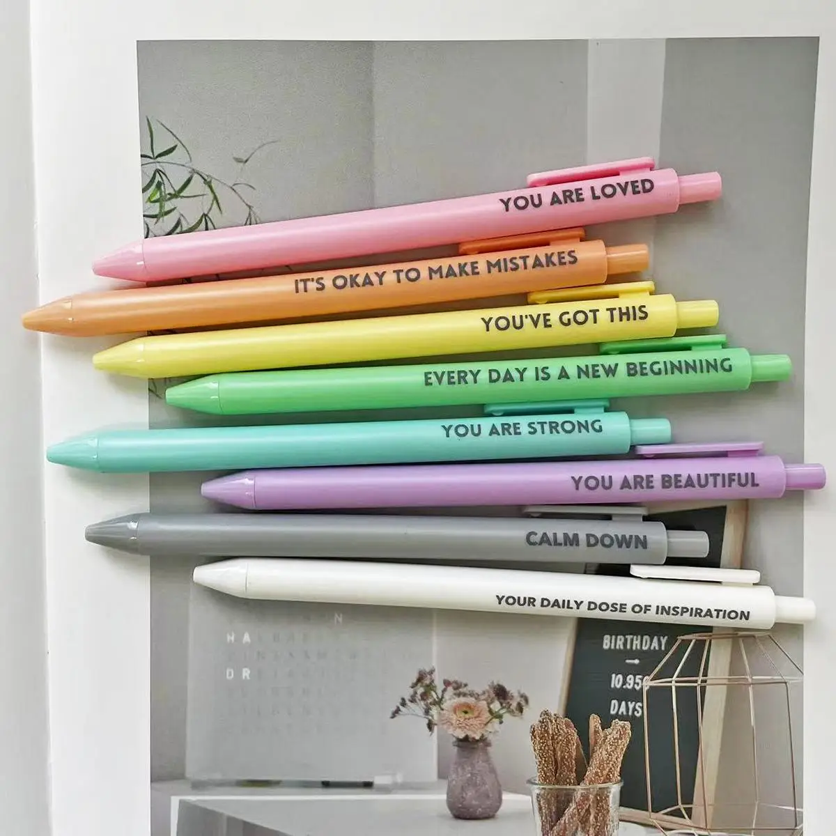 Pastel Color Letter Pattern Ballpoint Pen, 8 Counts Black Ink Smooth Writing Ballpoint Pen, Office Stationery For School & Office Supplies