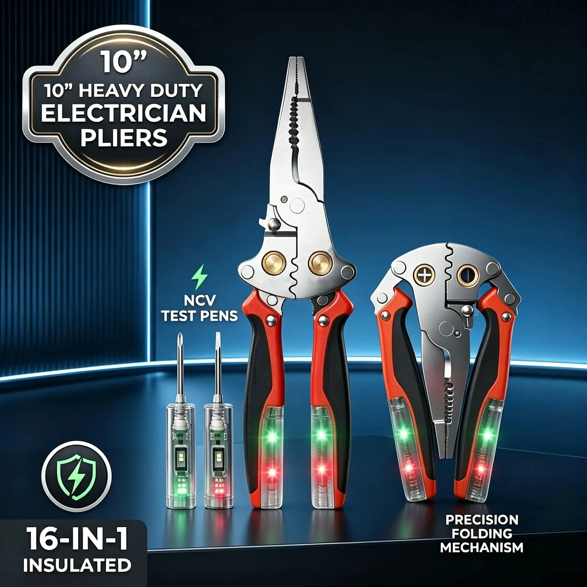 10-Inch Premium Stainless Steel 18-in-1 Foldable Electrician Pliers - Heavy-Duty Wire Stripper with Voltage Tester and 2 Removable Test Pens