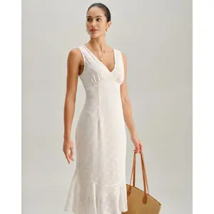 rihoas Lady's Beige Polka Dot V-Neck Waisted Midi Dress - Casual Polyester Mesh Fabric with Sleeves