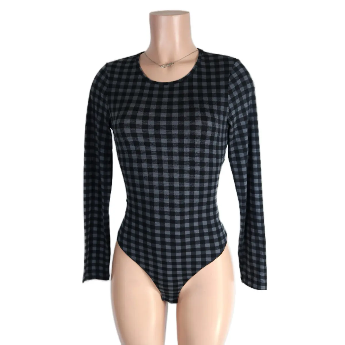 Charcoal Checker bodySuit crew neck chic Long Sleeve Thong   checkered Polyester Spandex