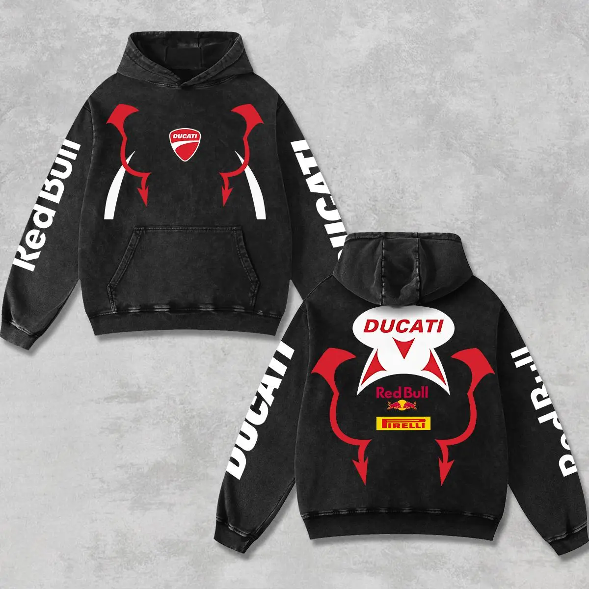 Retro Pirelli x Redbull x Ducati Racing Hoodie Acid Washed Black, Motor World Championship Enthusiast, Motorcycle Off-Road Dirt Bike Graphic Streetwear, Heavyweight Biker Sweatshirt, Retro Moto Gear Motorbike Apparel Men’s Grunge Y2K Racing Jacket Style