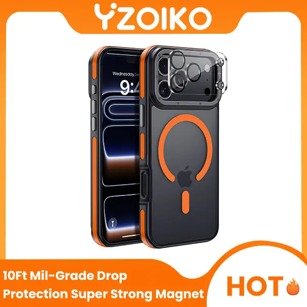 YZOIKO Luxury Magnetic Smartphone Case for iPhone 17 Pro 6.3in - 10Ft Military-Grade Shockproof Slim Protector, MagSafe-Compatible Orange Bumper, Camera Lens Protection, Polycarbonate 5-Ply TPU Wireless Accessories for Devices